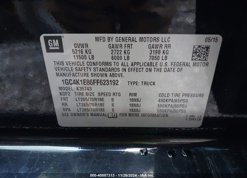 2015 CHEVROLET SILVERADO 3500HD HIGH COUNTRY VIN: 1GC4K1E86FF623192