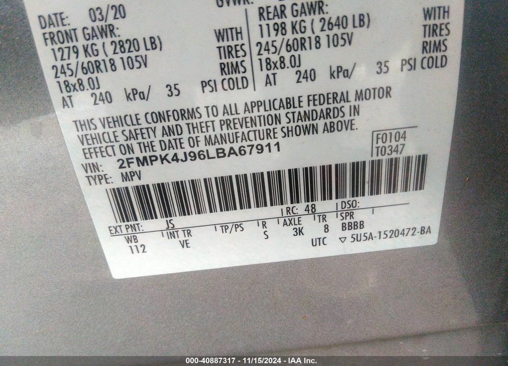 2020 FORD EDGE SEL VIN: 2FMPK4J96LBA67911