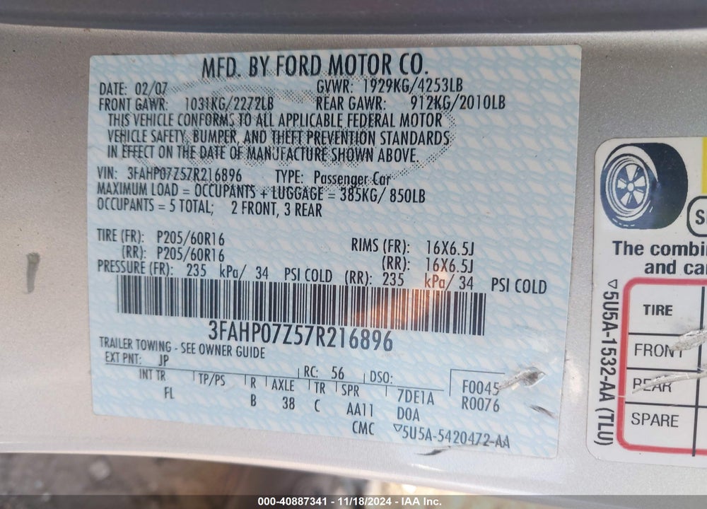 2007 FORD FUSION SE VIN: 3FAHP07Z57R216896