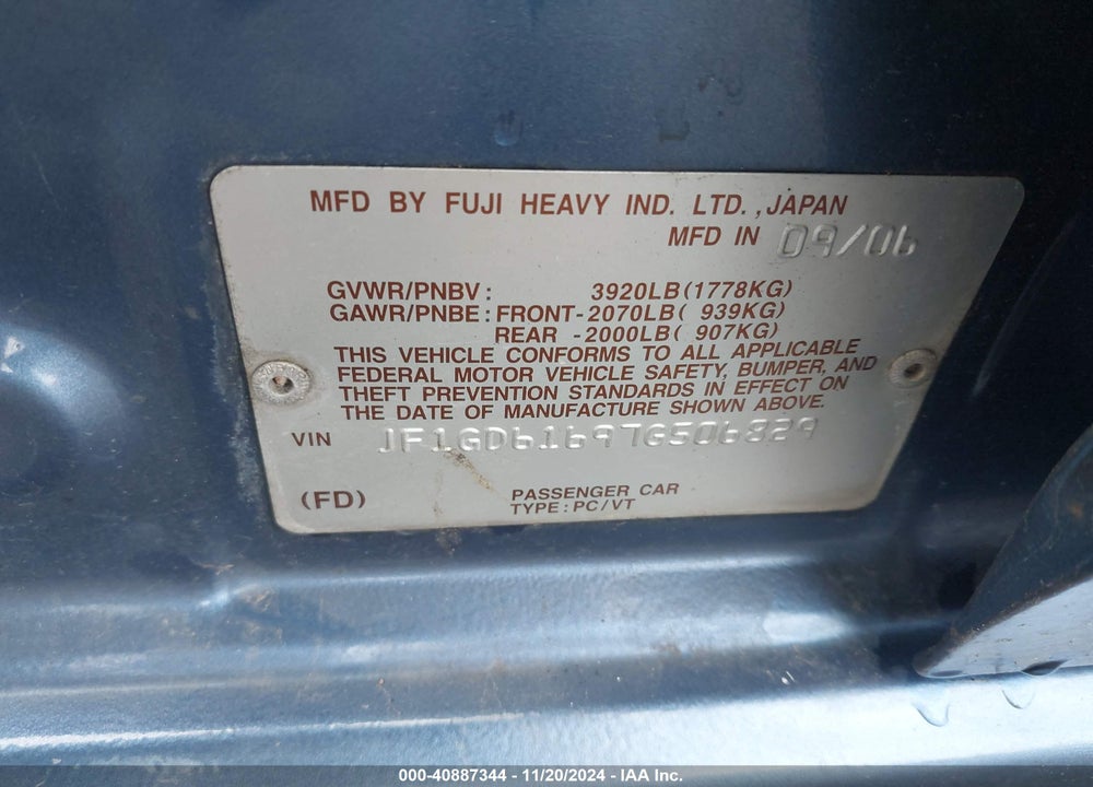 2007 SUBARU IMPREZA 2.5I VIN: JF1GD61697G506829