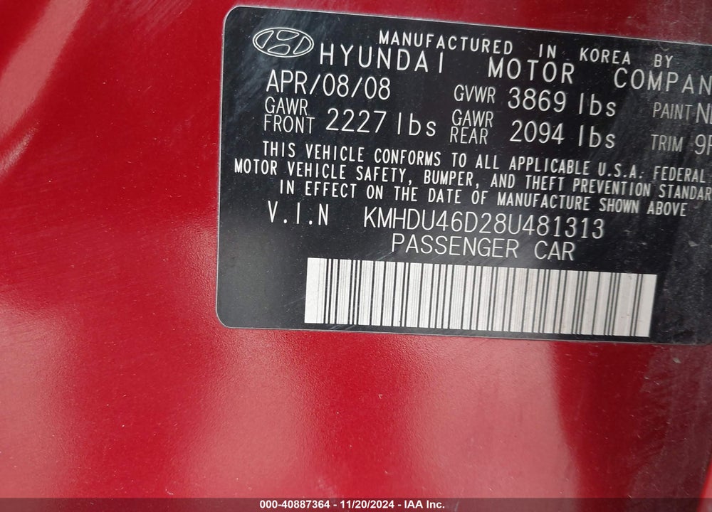 2008 HYUNDAI ELANTRA GLS/SE VIN: KMHDU46D28U481313