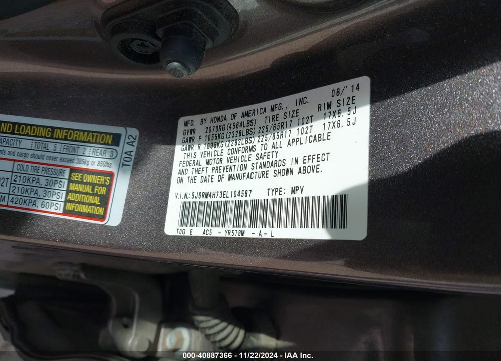 2014 HONDA CR-V EX-L VIN: 5J6RM4H73EL104597