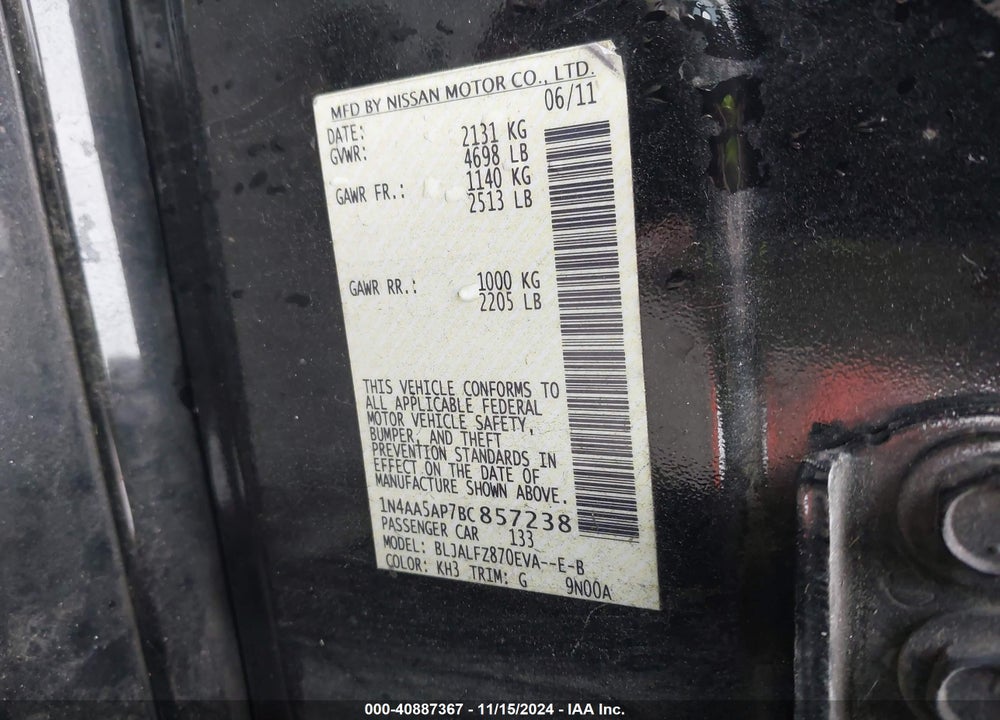 2011 NISSAN MAXIMA 3.5 SV VIN: 1N4AA5AP7BC857238