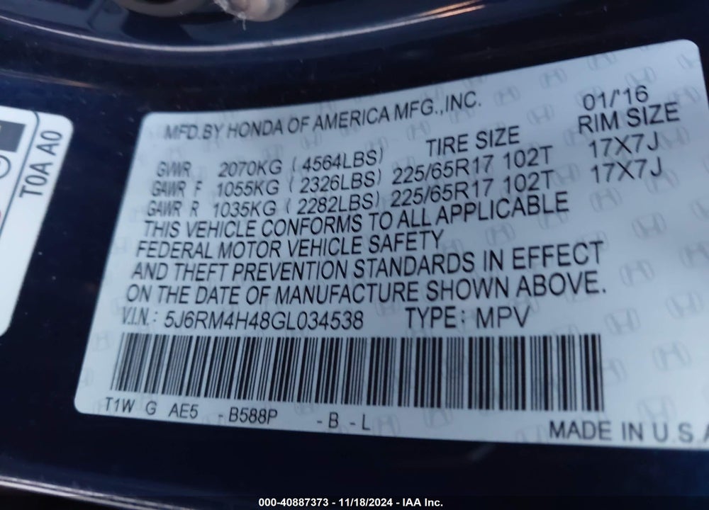 2016 HONDA CR-V SE VIN: 5J6RM4H48GL034538