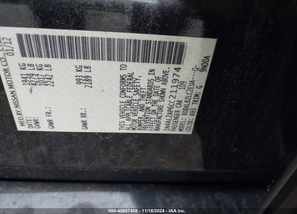 2012 NISSAN ALTIMA 2.5 S VIN: 1N4AL2AP6CC211974