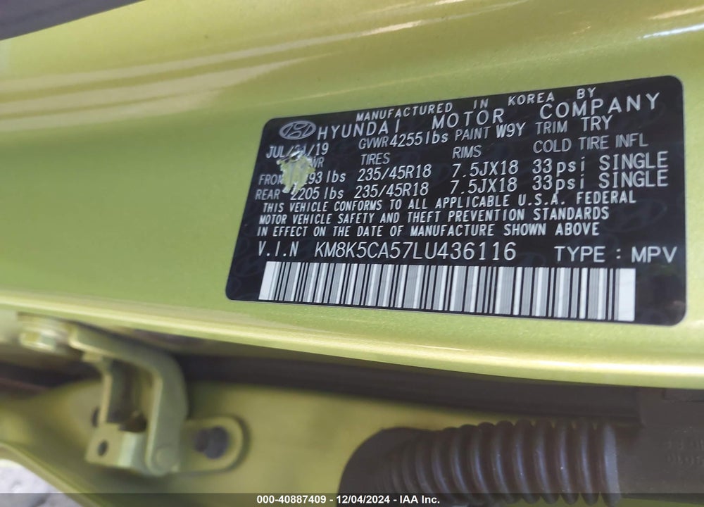 2020 HYUNDAI KONA VIN: KM8K5CA57LU436116
