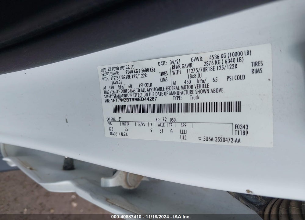 2021 FORD F-250 XLT VIN: 1FT7W2BT9MED44287