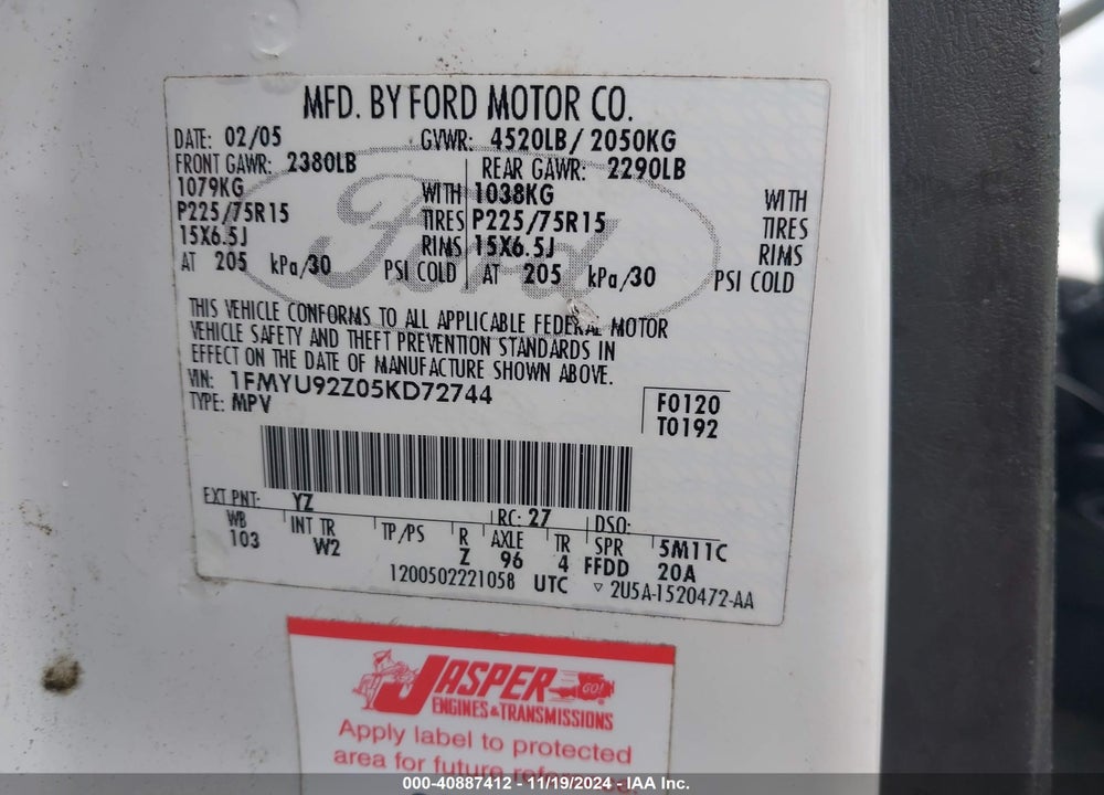 2005 FORD ESCAPE XLS VIN: 1FMYU92Z05KD72744