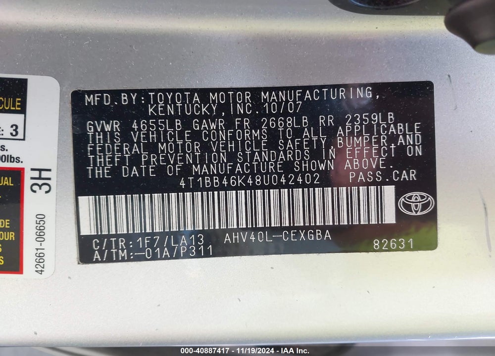 2008 TOYOTA CAMRY HYBRID VIN: 4T1BB46K48U042402
