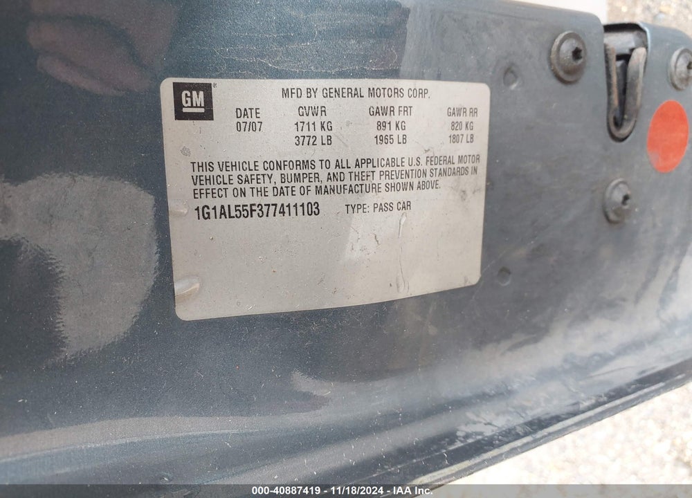 2007 CHEVROLET COBALT VIN: 1G1AL55F377411103