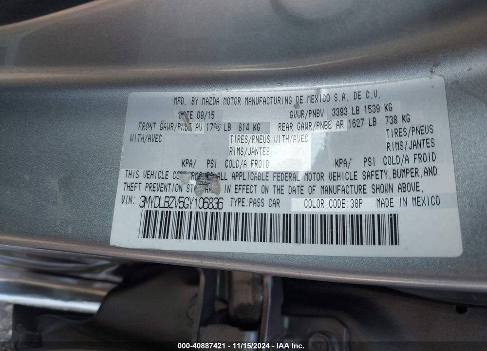 2016 SCION IA VIN: 3MYDLBZV5GY106836