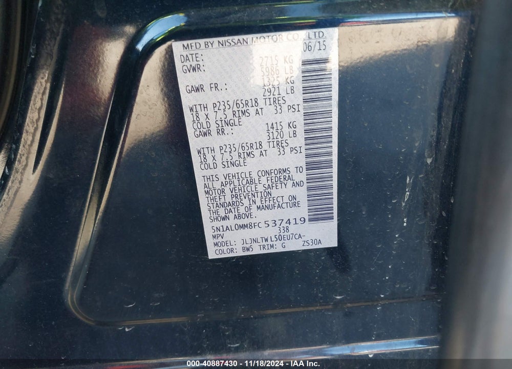 2015 INFINITI QX60 VIN: 5N1AL0MM8FC537419
