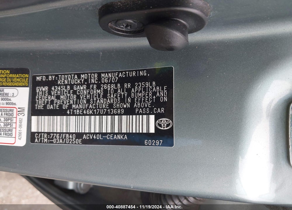 2007 TOYOTA CAMRY CE/LE/XLE/SE VIN: 4T1BE46K17U713689