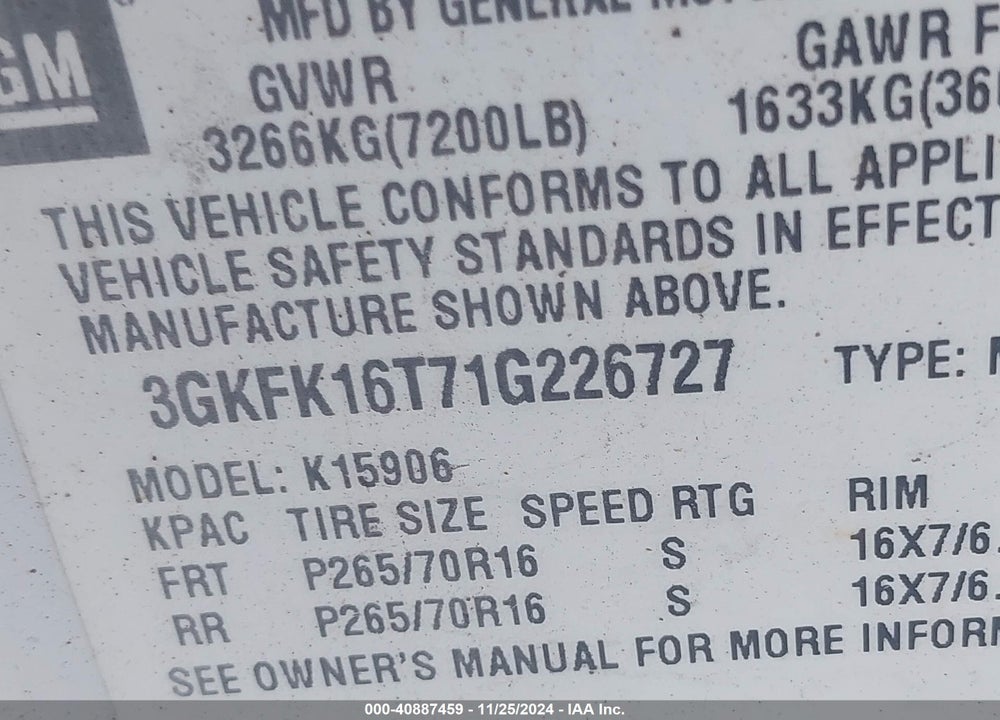 2001 GMC YUKON XL 1500 SLT VIN: 3GKFK16T71G226727