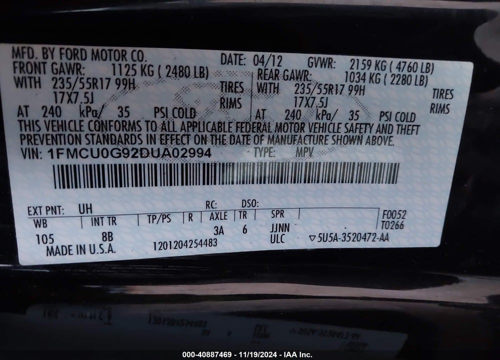 2013 FORD ESCAPE SE VIN: 1FMCU0G92DUA02994