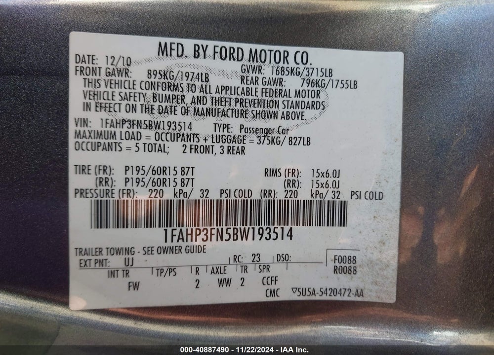 2011 FORD FOCUS VIN: 1FAHP3FN5BW193514
