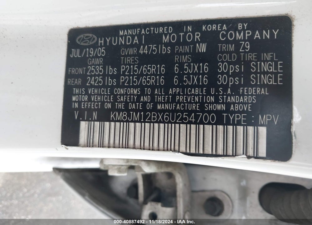 2006 HYUNDAI TUCSON GL VIN: KM8JM12BX6U254700