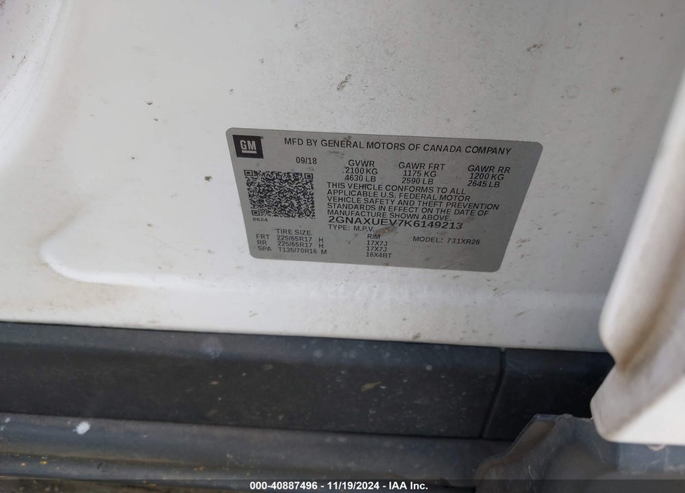 2019 CHEVROLET EQUINOX LT VIN: 2GNAXUEV7K6149213