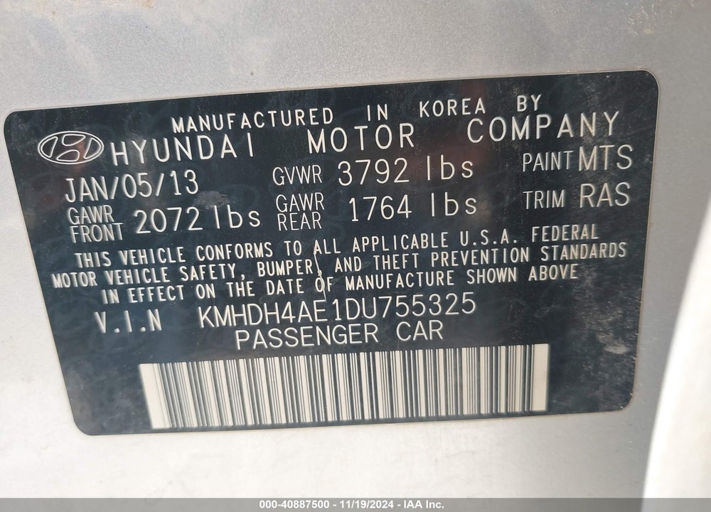 2013 HYUNDAI ELANTRA GLS VIN: KMHDH4AE1DU755325