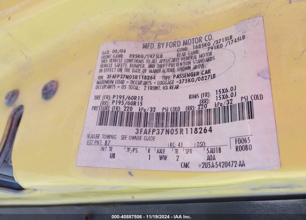 2005 FORD FOCUS ZX5 VIN: 3FAFP37N05R118264