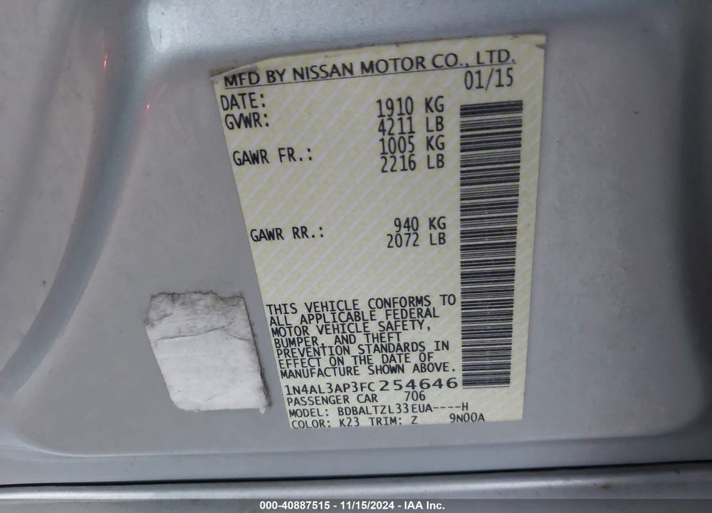 2015 NISSAN ALTIMA 2.5 SL VIN: 1N4AL3AP3FC254646