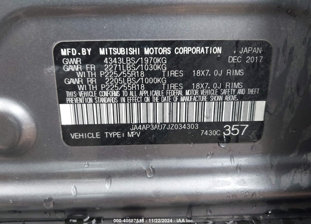 2018 MITSUBISHI OUTLANDER SPORT 2.0 ES VIN: JA4AP3AU7JZ034303