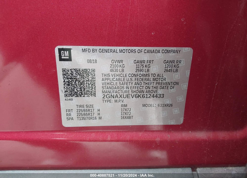 2019 CHEVROLET EQUINOX LT VIN: 2GNAXUEV6K6124433