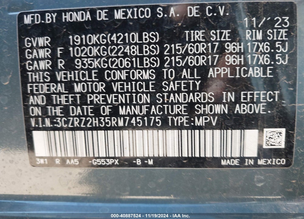 2024 HONDA HR-V AWD LX VIN: 3CZRZ2H35RM745175