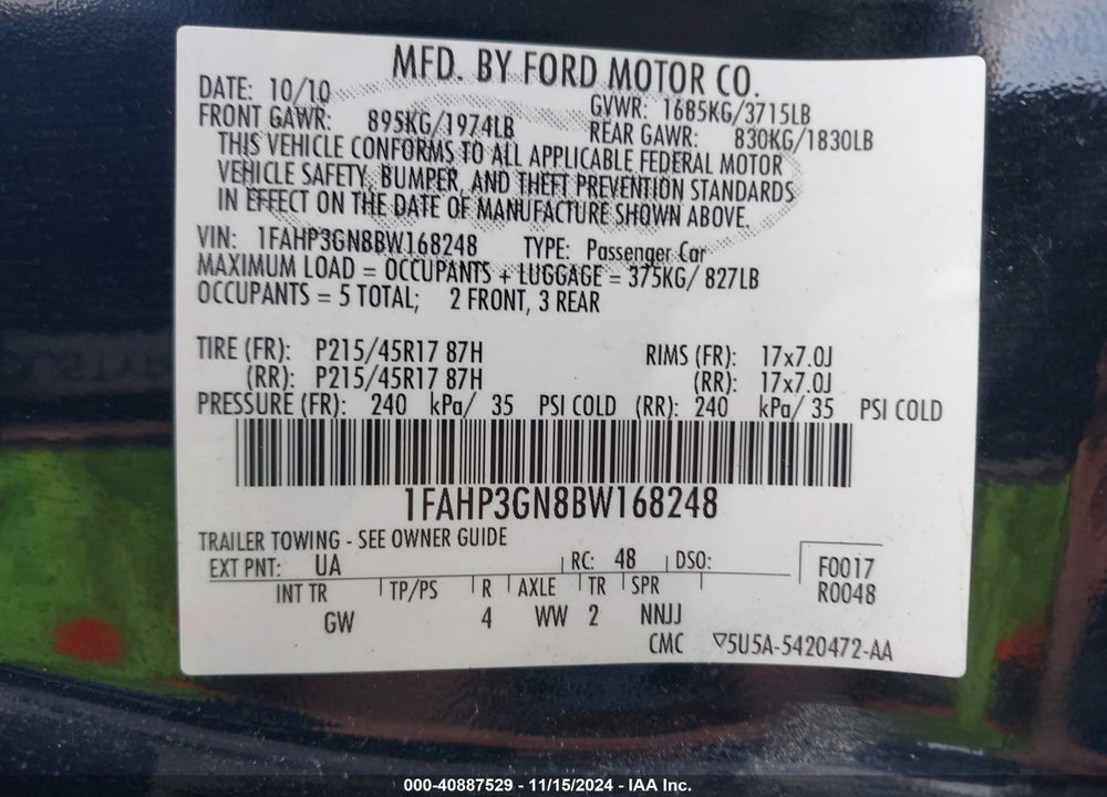 2011 FORD FOCUS SES VIN: 1FAHP3GN8BW168248