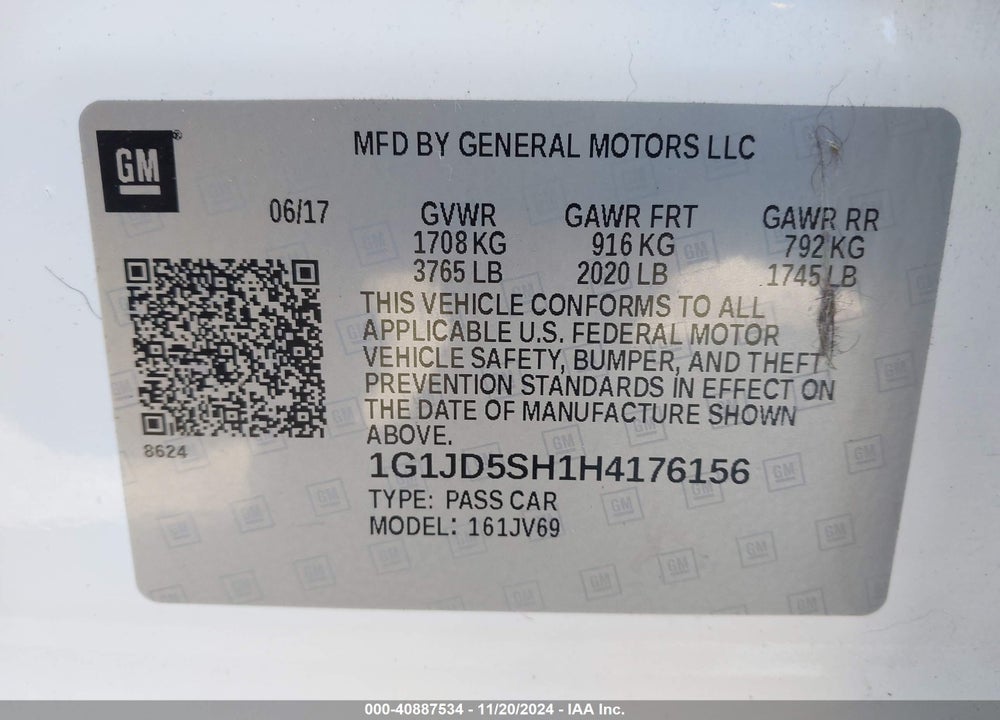 2017 CHEVROLET SONIC LT AUTO VIN: 1G1JD5SH1H4176156