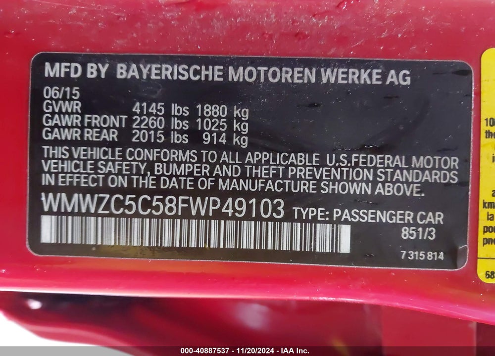 2015 MINI COUNTRYMAN COOPER S VIN: WMWZC5C58FWP49103