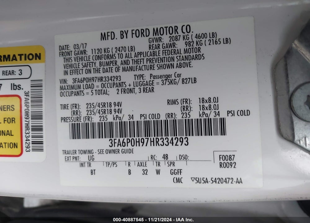 2017 FORD FUSION SE VIN: 3FA6P0H97HR334293
