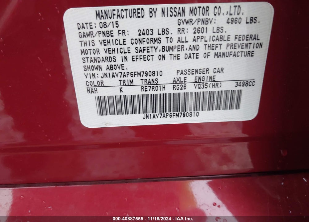 2015 INFINITI Q50 HYBRID SPORT VIN: JN1AV7AP6FM790810