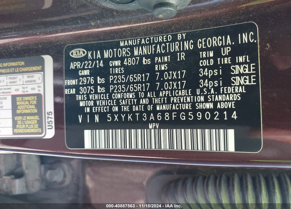 2015 KIA SORENTO LX VIN: 5XYKT3A68FG590214