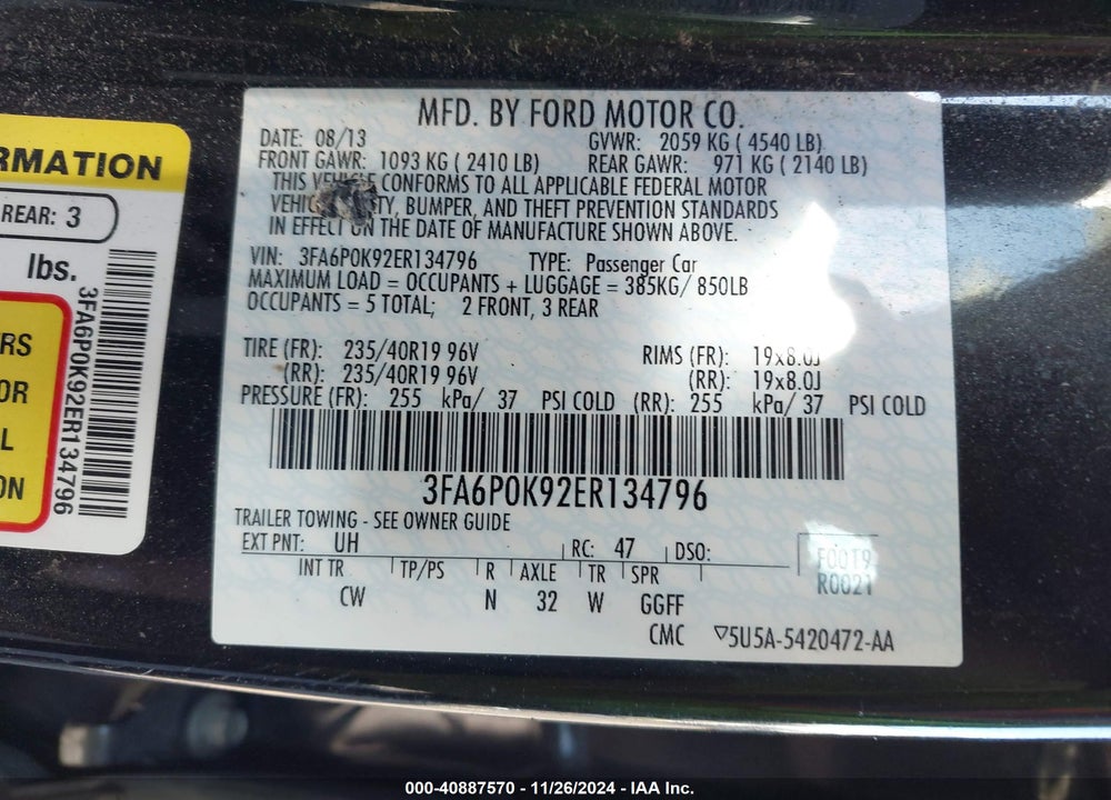 2014 FORD FUSION TITANIUM VIN: 3FA6P0K92ER134796