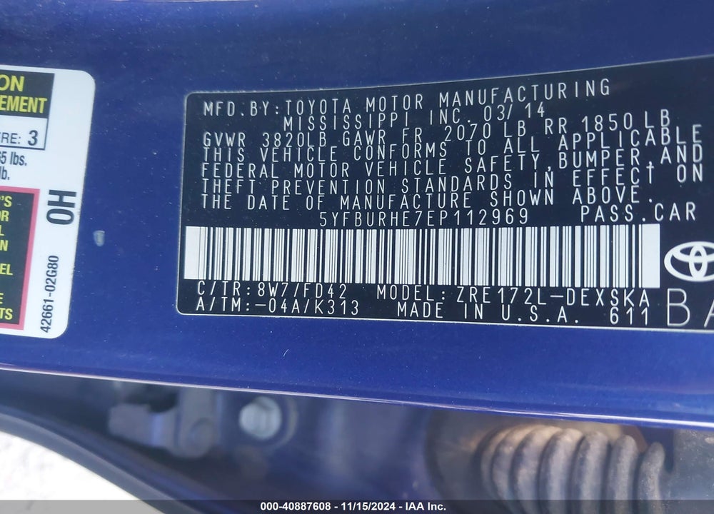 2014 TOYOTA COROLLA L/LE/LE PLS/PRM/S/S PLS VIN: 5YFBURHE7EP112969