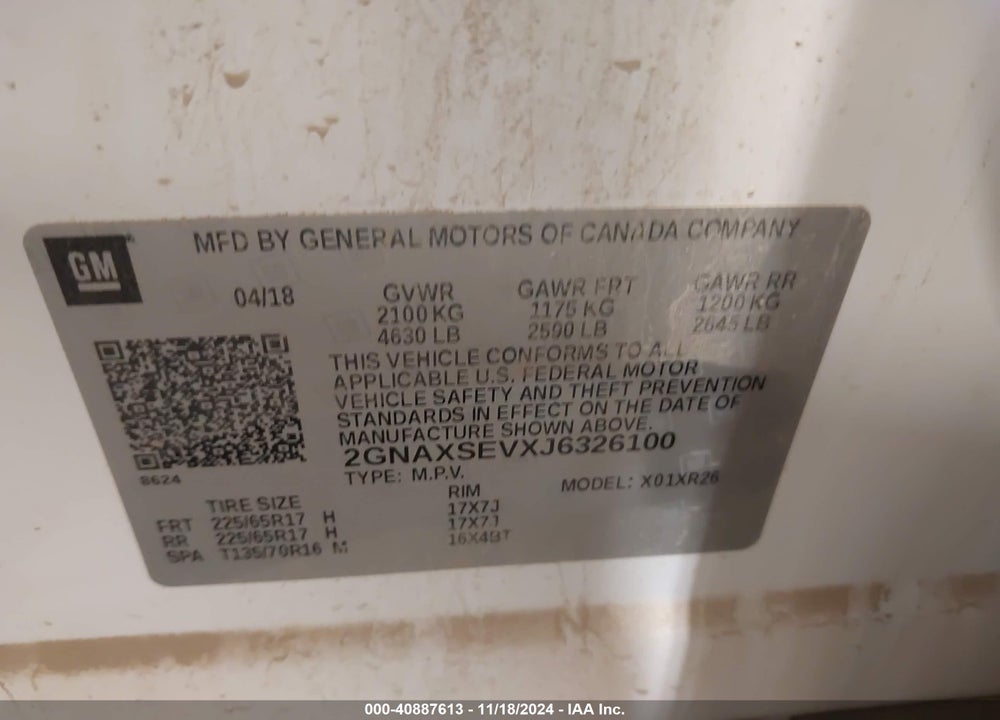 2018 CHEVROLET EQUINOX LT VIN: 2GNAXSEVXJ6326100