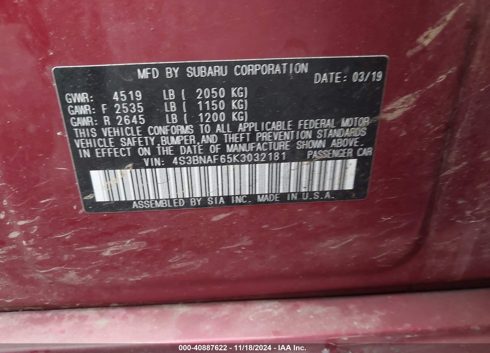 2019 SUBARU LEGACY 2.5I PREMIUM VIN: 4S3BNAF65K3032181