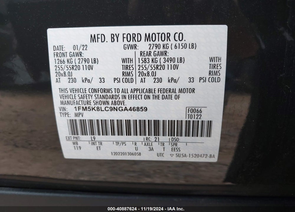 2022 FORD EXPLORER KING RANCH VIN: 1FM5K8LC9NGA46859
