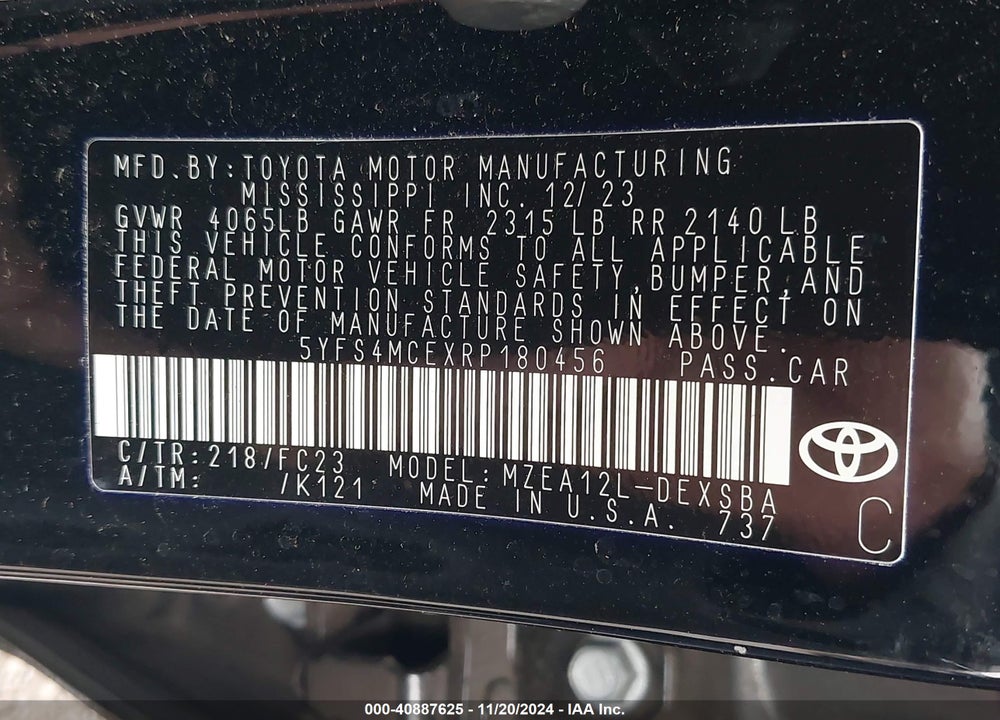 2024 TOYOTA COROLLA SE VIN: 5YFS4MCEXRP180456