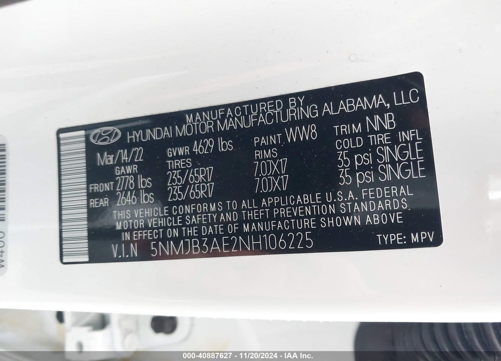 2022 HYUNDAI TUCSON SEL VIN: 5NMJB3AE2NH106225