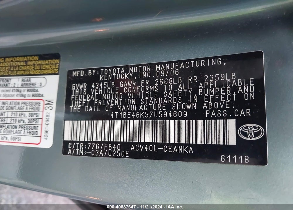 2007 TOYOTA CAMRY LE VIN: 4T1BE46K57U594609