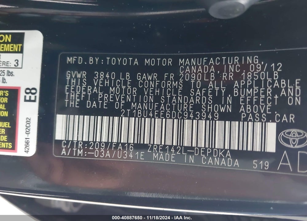 2013 TOYOTA COROLLA L VIN: 2T1BU4EE6DC943949