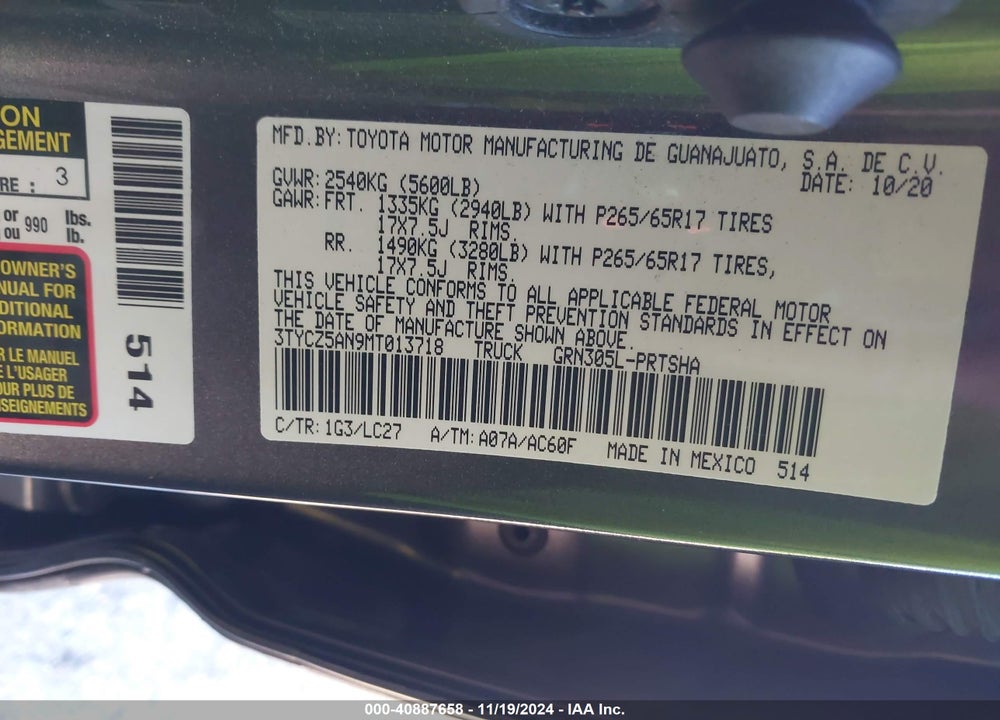 2021 TOYOTA TACOMA TRD SPORT VIN: 3TYCZ5AN9MT013718