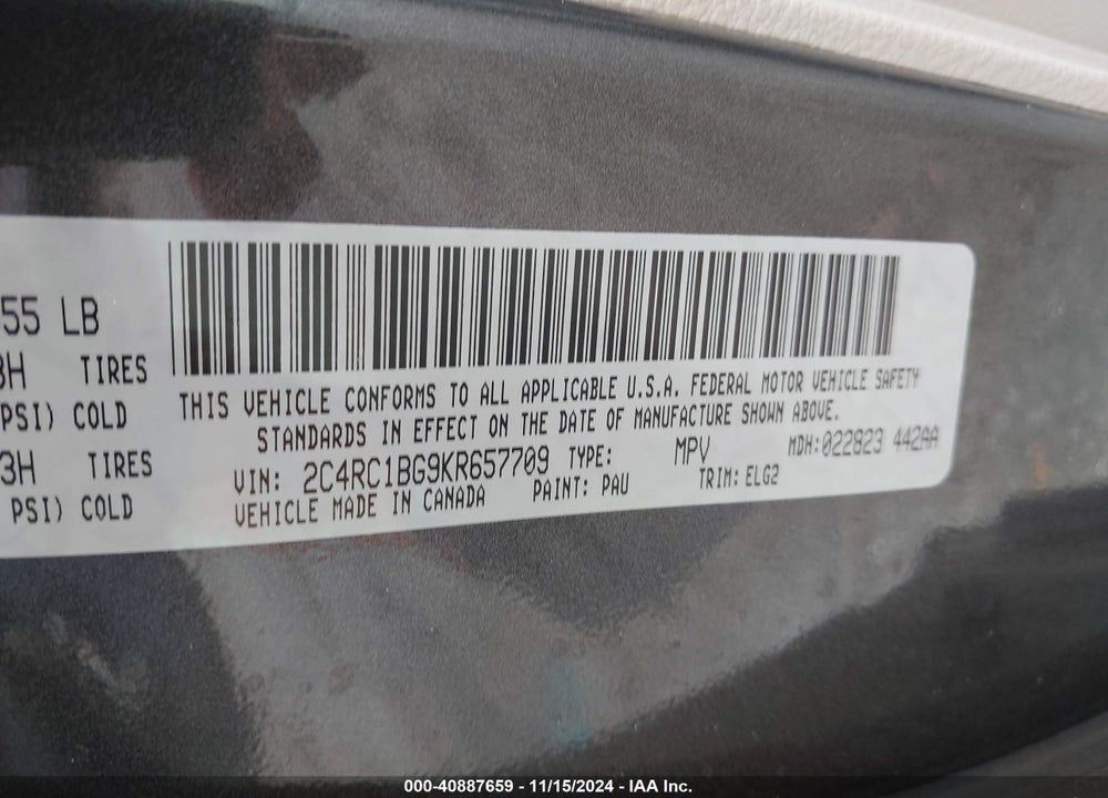 2019 CHRYSLER PACIFICA TOURING L VIN: 2C4RC1BG9KR657709