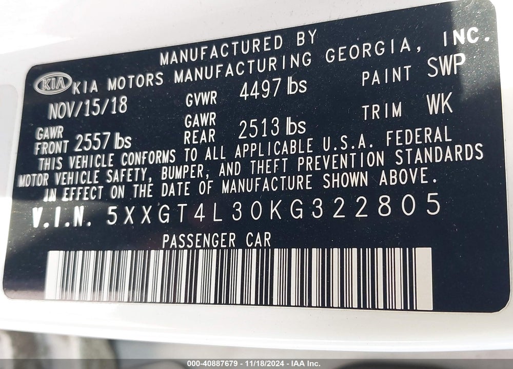 2019 KIA OPTIMA LX VIN: 5XXGT4L30KG322805