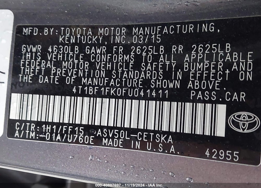 2015 TOYOTA CAMRY SE VIN: 4T1BF1FK0FU041411