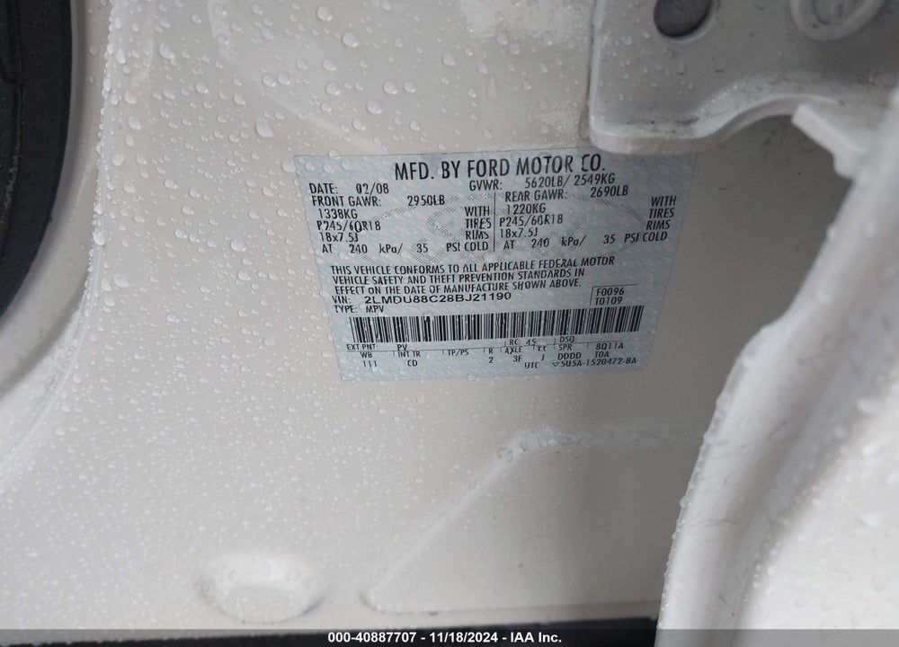2008 LINCOLN MKX VIN: 2LMDU88C28BJ21190