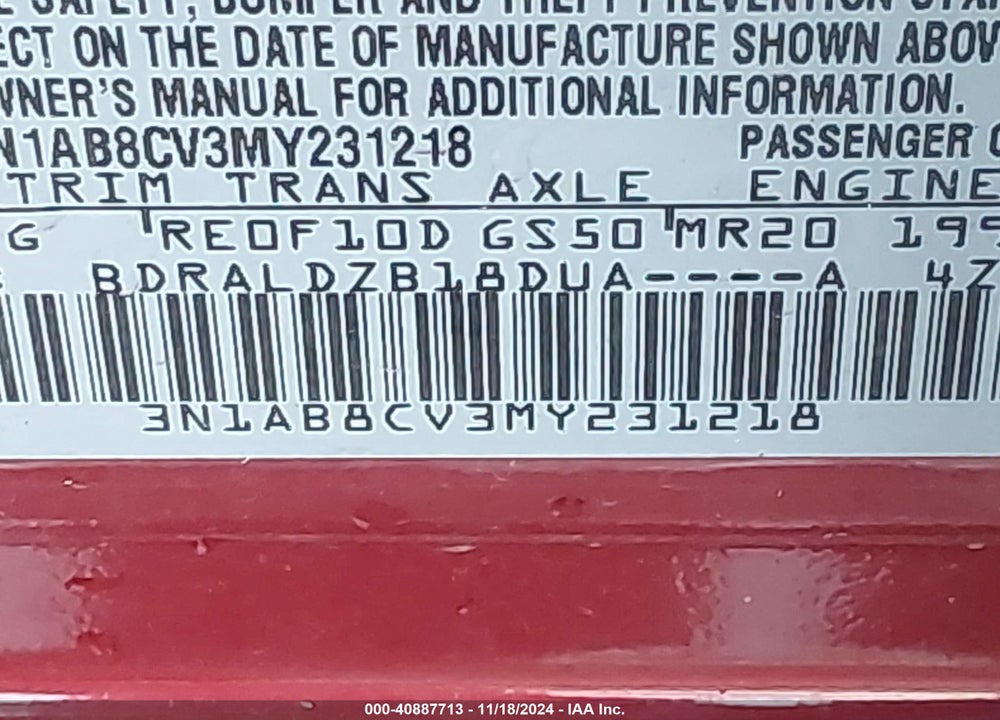 2021 NISSAN SENTRA VIN: 3N1AB8CV3MY231218
