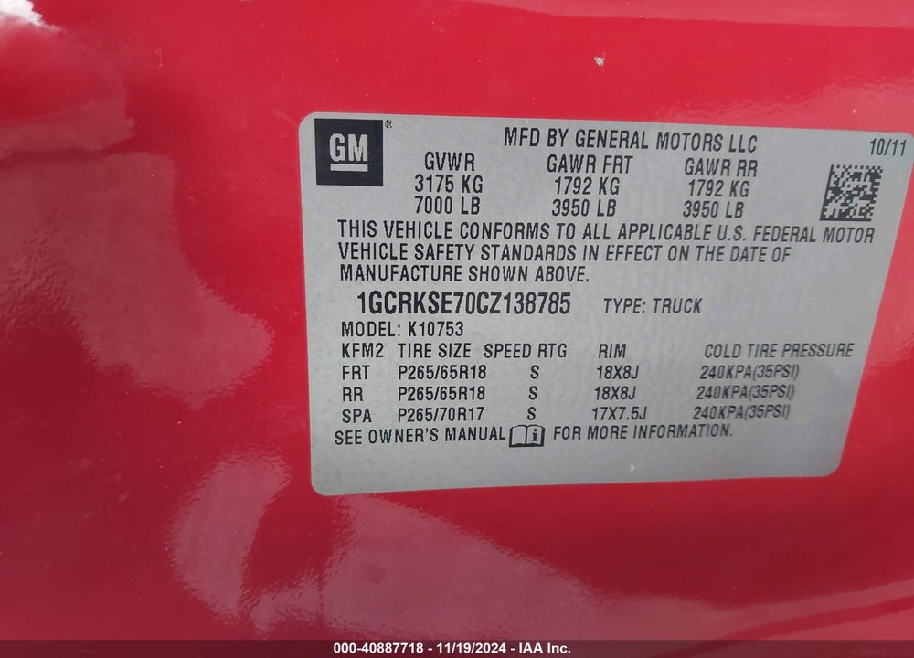 2012 CHEVROLET SILVERADO 1500 LT VIN: 1GCRKSE70CZ138785